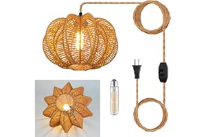 tebio Plug in Pendant Light Rattan Hanging Lights with Plug in Cord 15FT Hemp Rope Cord, Dimmable Switch – Indoor Hanging Lamps for Boho Living Room Bedroom（Bulb Included） 11 x 7 inch