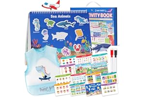 VUIYA My Preschool Busy Book Toddlers for Ages 3-5, Preschool Learning Activities Book, Pre k Workbooks, Autism Sensory Travel Toy for Boys and Girls - Stickers for Kids, Preassembled Velcro, Sleeveless Bib