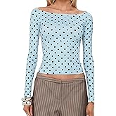 Women Y2K Long Sleeve T-Shirt Vintage Polka Dot Boat Neck Slim Fit Crop Top Spring Fall Going Out Tops Blouse Shirt