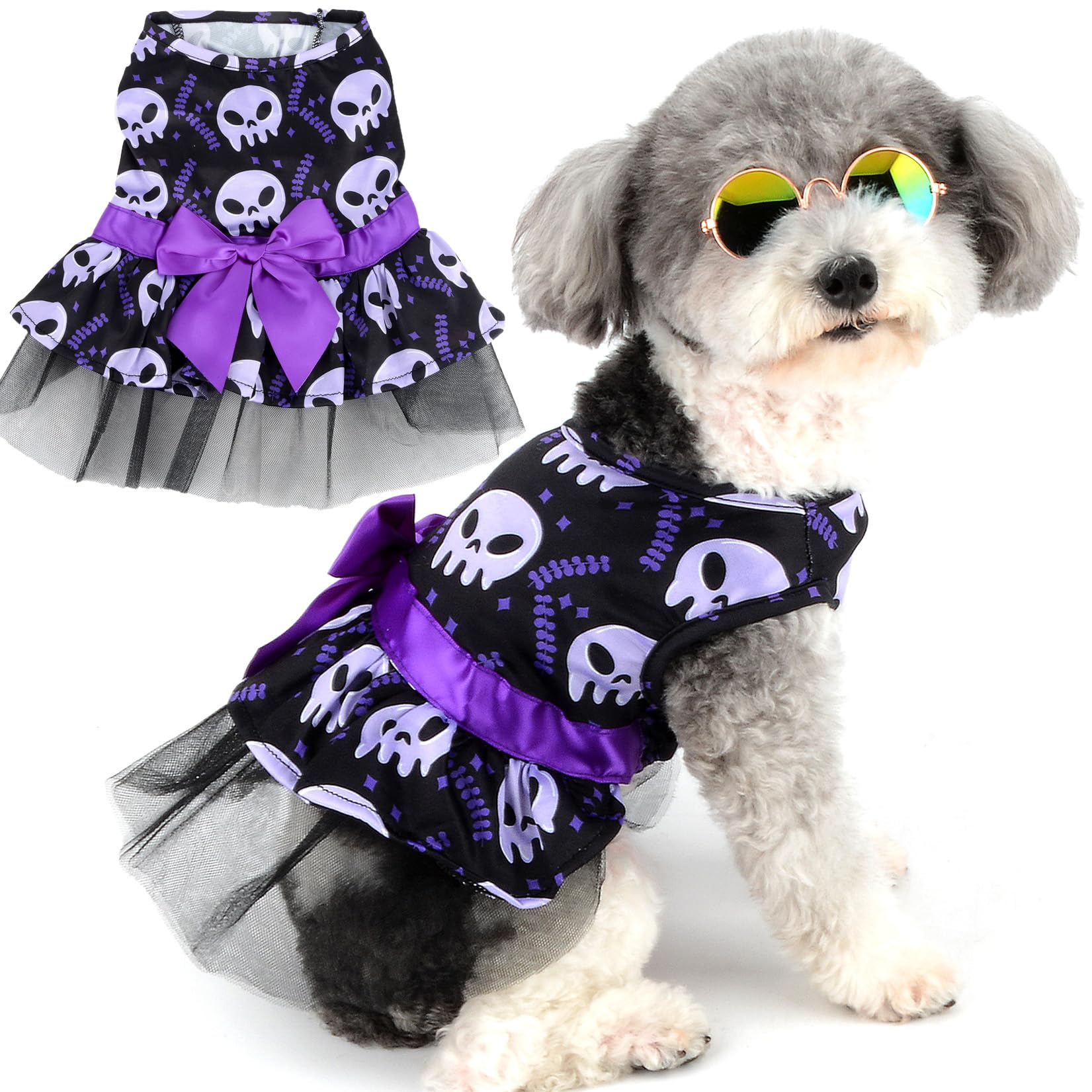 Zunea Halloween Dog Dresses for Small Dogs Cats Skulls Puppy Girl Halloween Costumes Fancy Dress Soft Pet Layered Lace Skirt with Bow Knot Chihuahua Yorkie Clothes Outfits Black XL