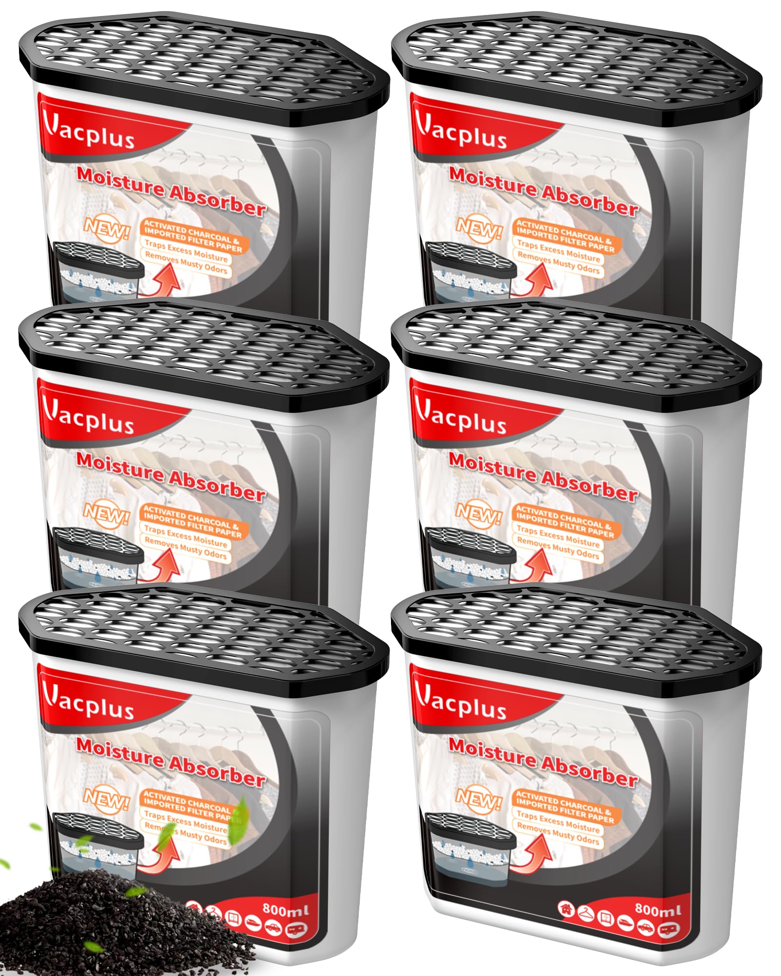 Vacplus Moisture Absorbers 6 Pack, Portable Humidity Absorber Boxes for Your Bathroom, Closet & Car, Dehumidifier with Activated Carbon, 16.0 Oz