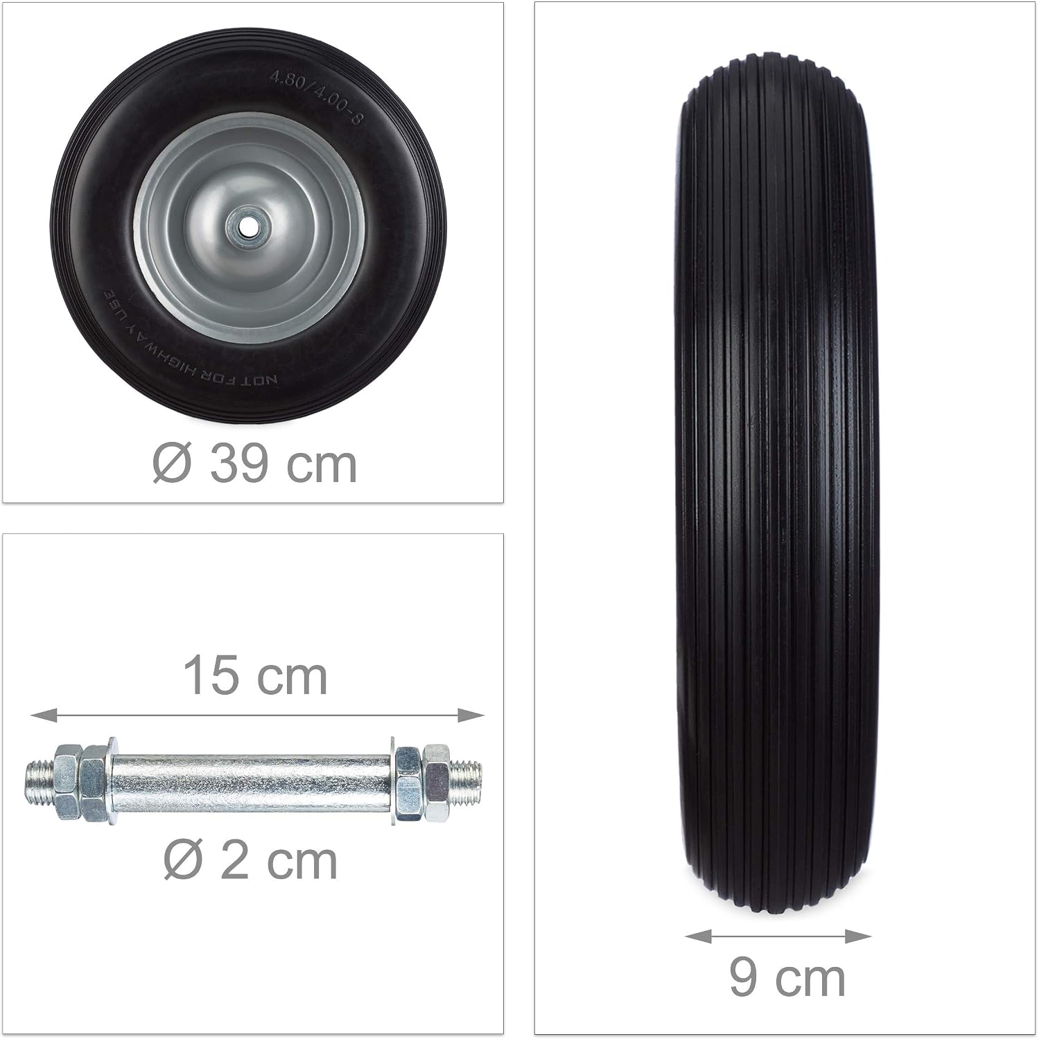 Relaxdays Solid Rubber Wheelbarrow Tyre with Axle, 4.80 4.00-8 Spare Tire, 100 kg Capacity, Flat-Free, Black-Grey - Image 5
