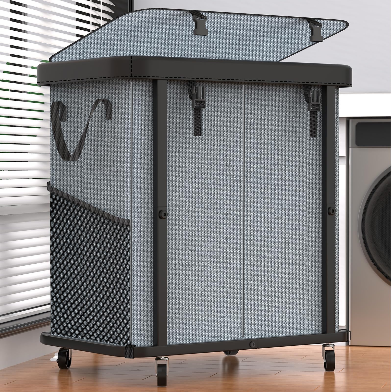 View 1 of 190L (50 Gal) Large Fashion Laundry Basket with Wheels, Leather Patchwork Rolling Hamper Carts, Sturdy Metal Frame, Removable Washable Bag, Tall Clothes Sorter for Bedroom - 2 Setion Gray
