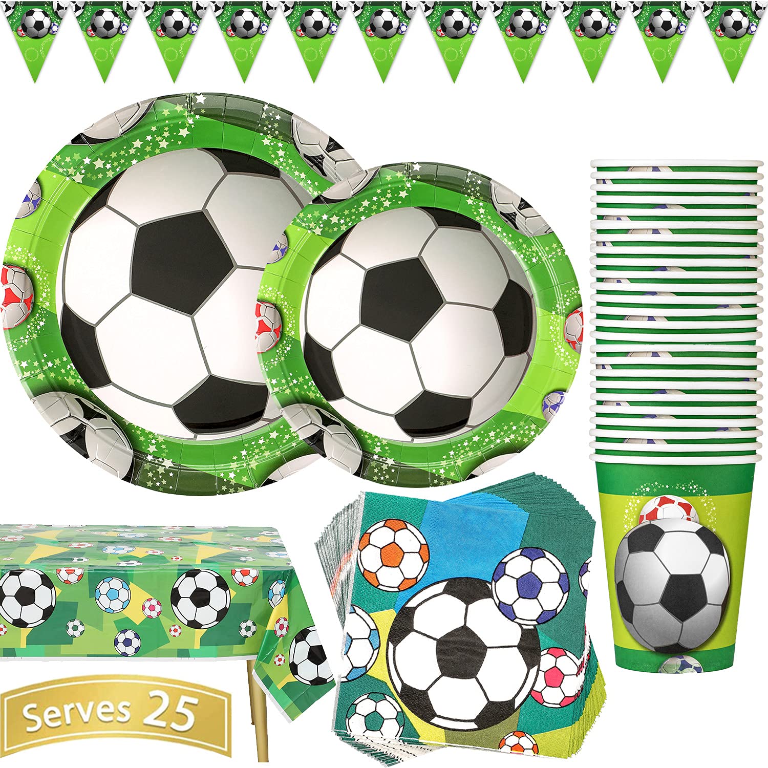 Football Party Supplies 102PCS Sports Theme Kids Birthday Tableware Set Includes Plates, Cups, Napkins, Tablecloth and Banner, Reusable Serves 25