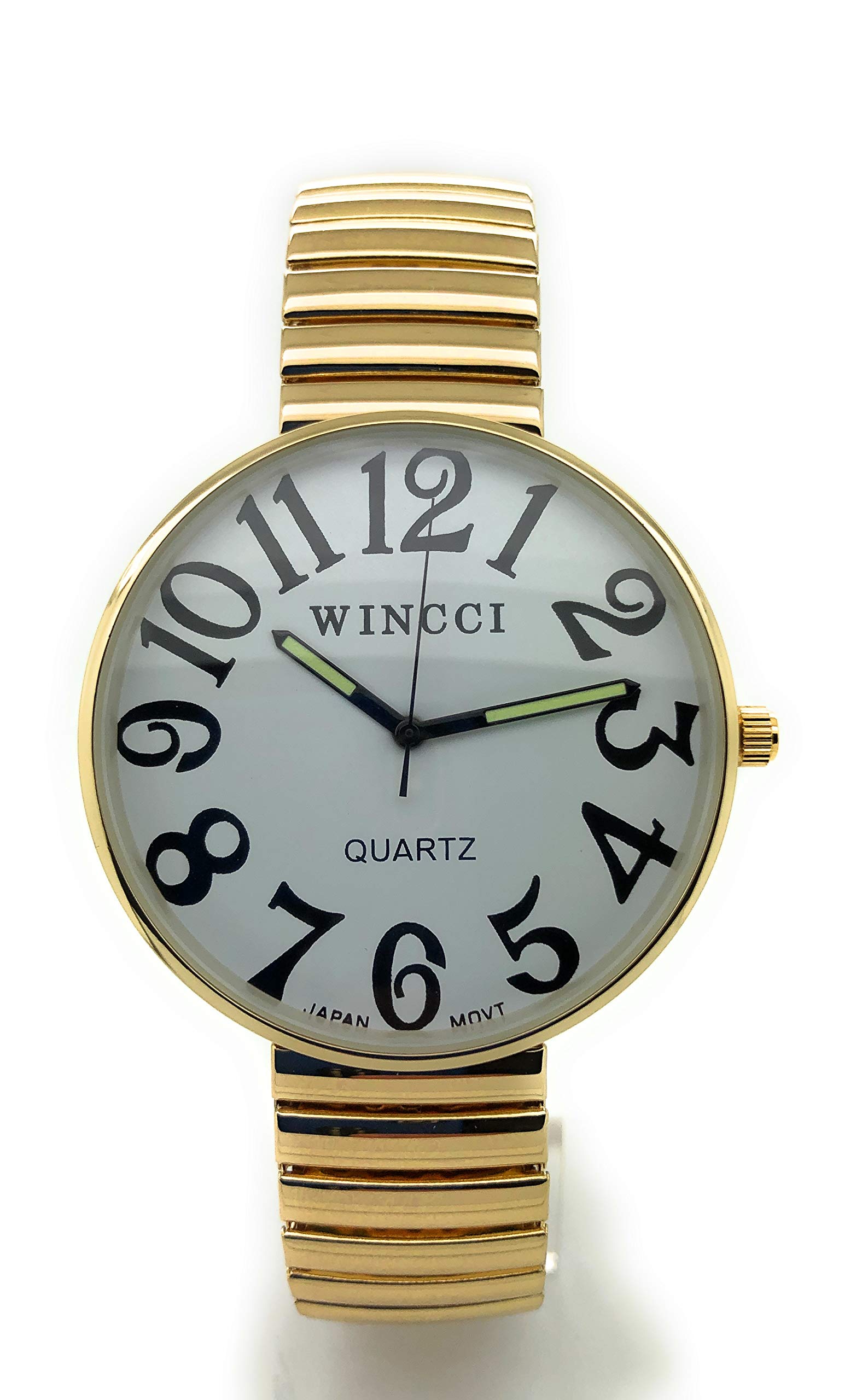 Wincci Mens Ladies Jumbo Big Numbers Stretch Elastic Band Analog Quartz Fashion Watch, Gold, Modern