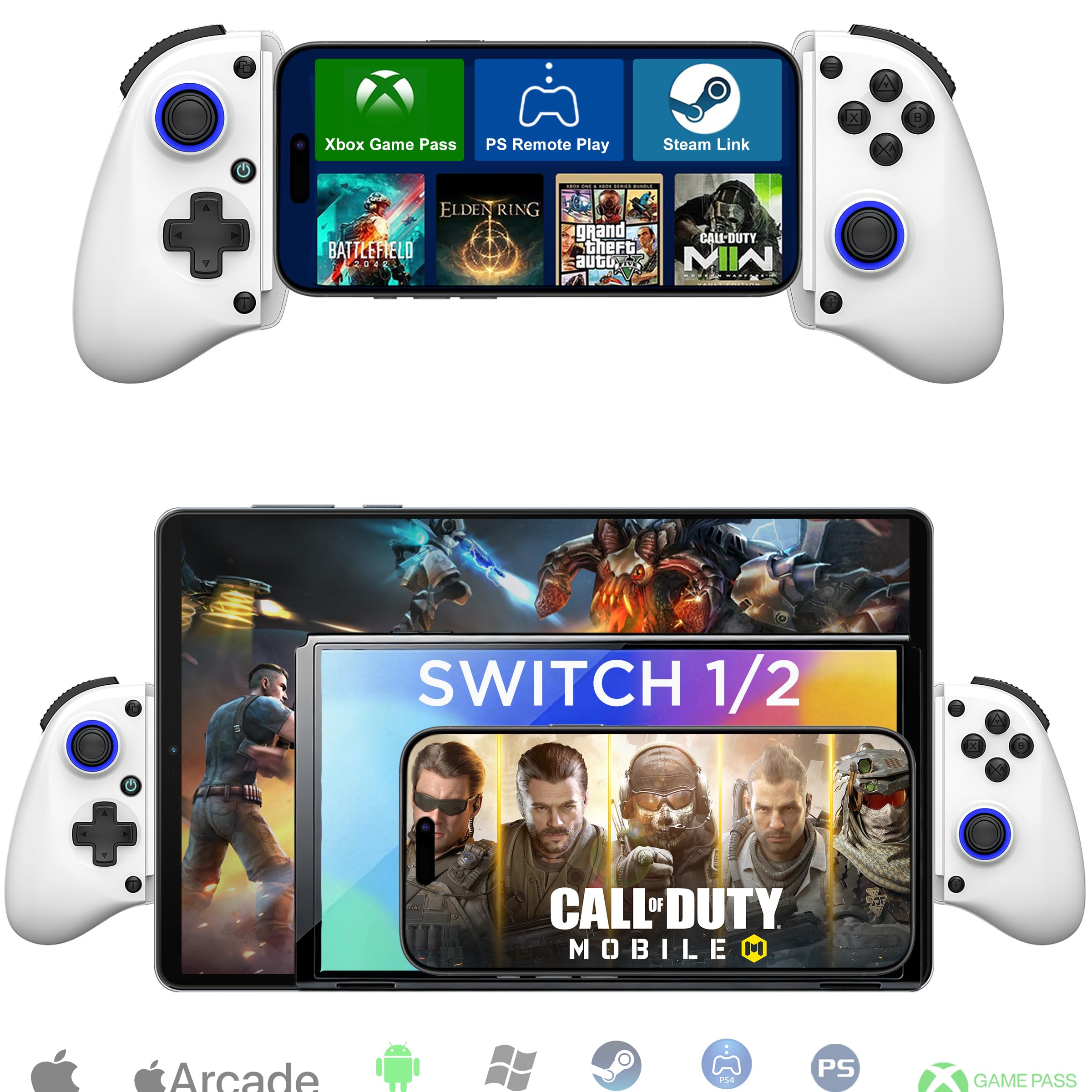 Megadream Mobile Gaming Controller for iPhone/Android/PC - iPad/Tablet (Up to 11in) - Cloud Game - NS-Switch|Swith 2 - Turn Your Phone into a Gaming Console - PS5/Xbox Remote Play Streaming, Call of Duty, Roblox, Turbo, White