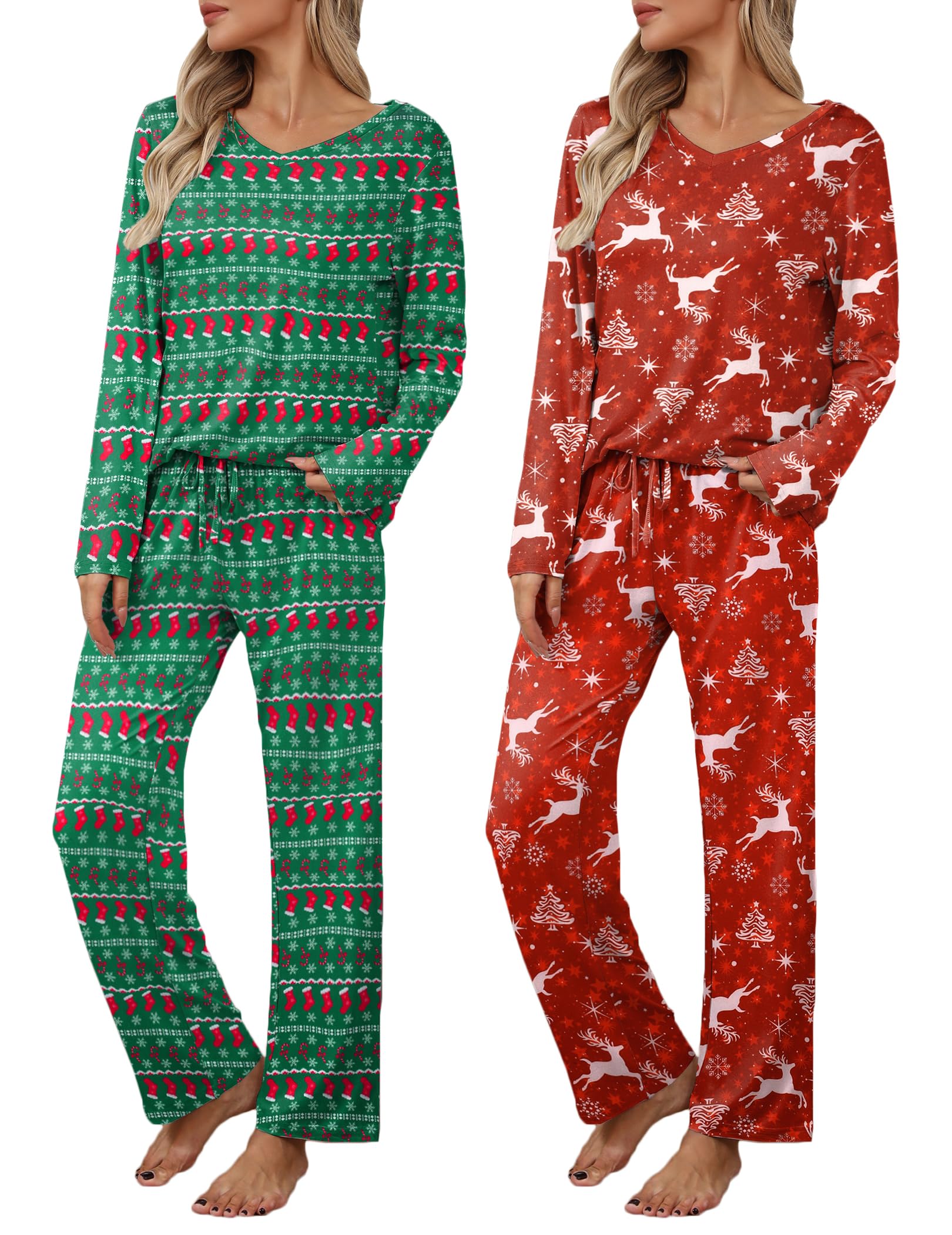 Ekouaer Womens 2 Pack Pajama Set Long Sleeve Pajamas Top and Pants V Neck Pjs Set Soft Loungewear with Pockets Image