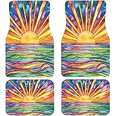 Boho Car Floor Mats-Non-Slip Rubber Backing,Colorful Sunset,Front & Rear Set-Water Absorbing, Durable Automotive Floor Mat Rug Liners with Stylish Patterns
