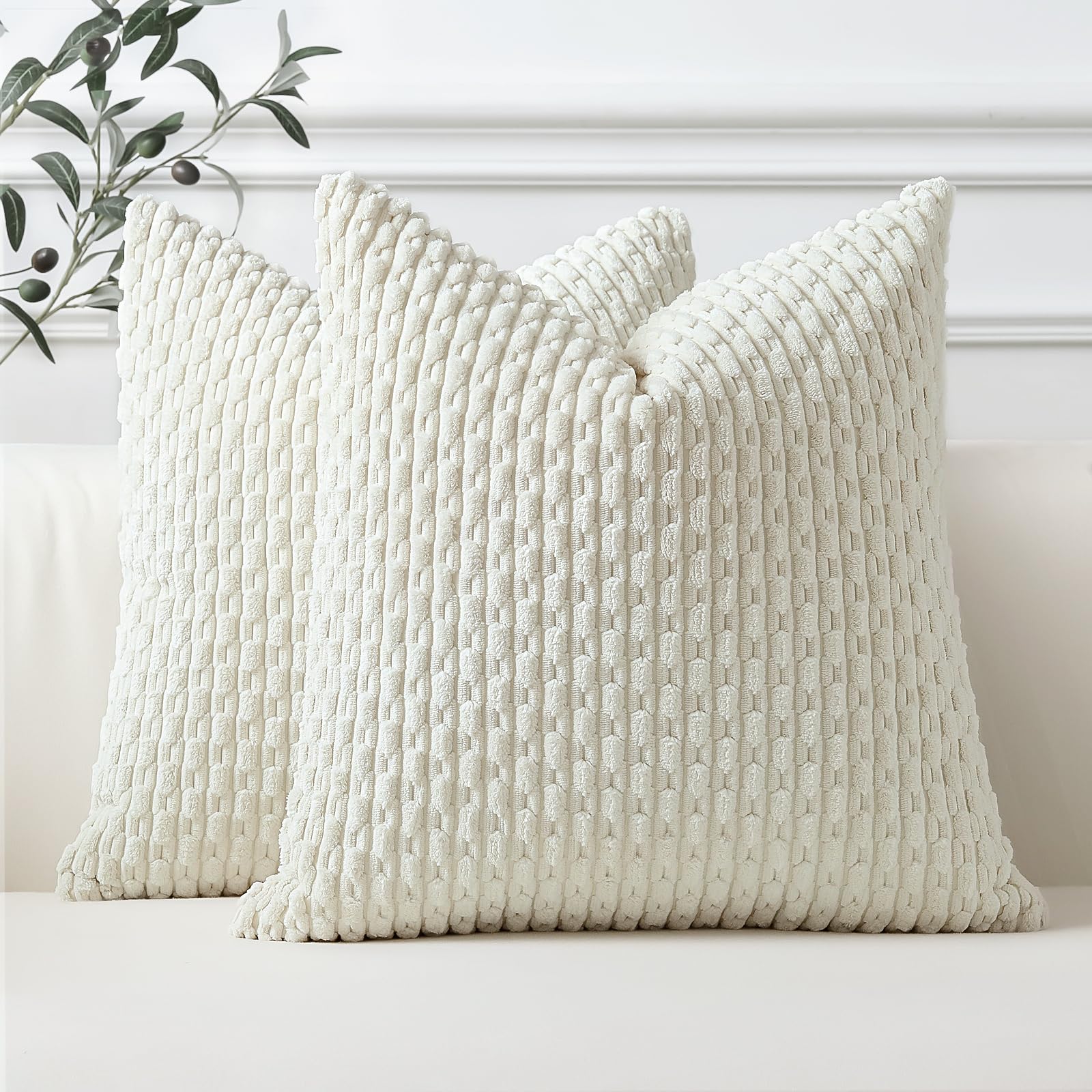 Sungeek Set of 2 Cream White Soft Corduroy Decorative Cushion Covers Boho Striped Throw Pillow Covers for Sofa Couch Living Room Patio Farmhouse Home Decor Pillowcases 60x60cm