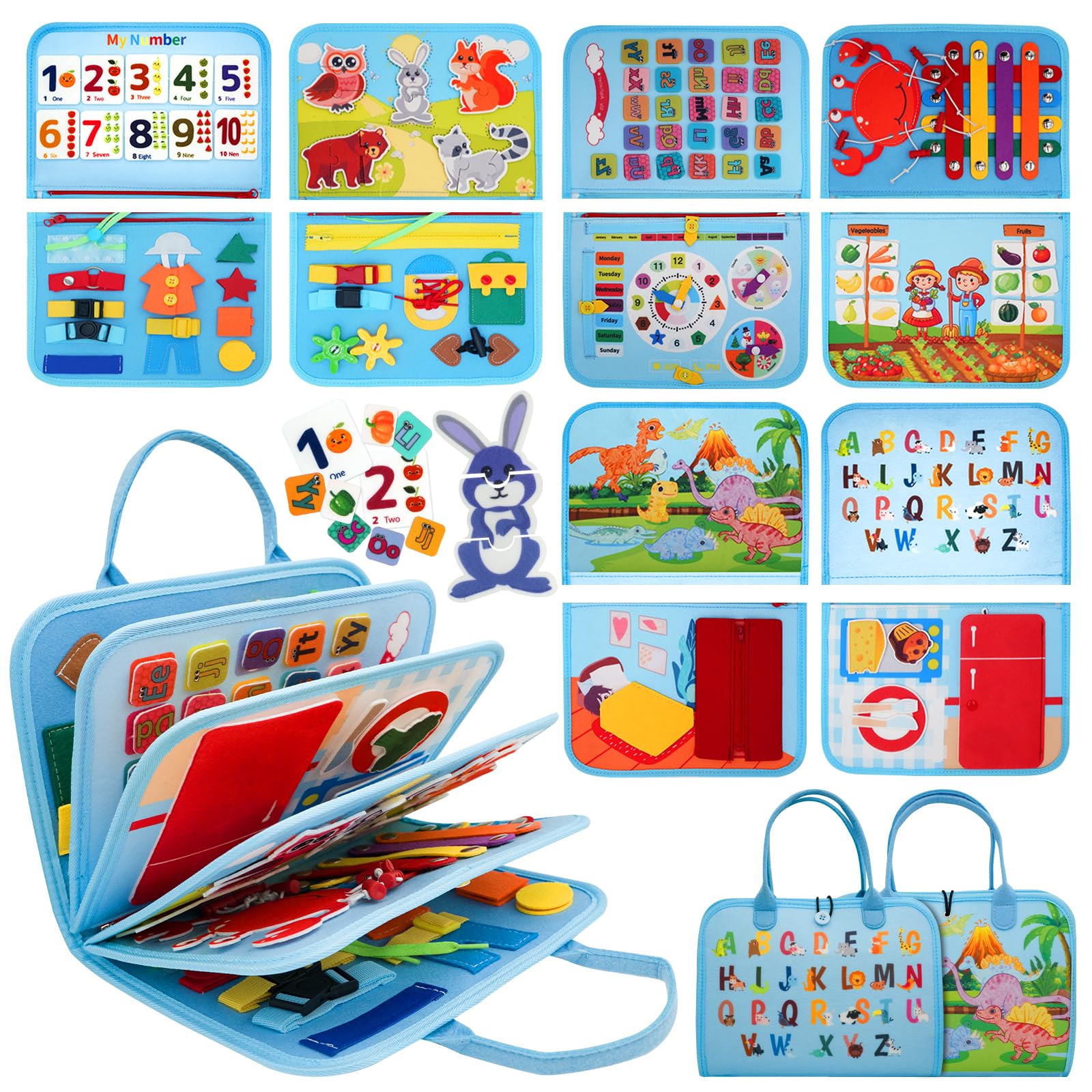 RunHero 10-in-1 Montessori Activity Board - Felt Sensory Learning Toy, Travel Toy for Car & Airplane, Ages 1-4 (Blue)