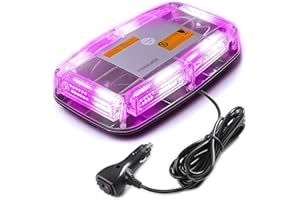 PKINGLAKE 72LED Roof Top Emergency Strobe Beacon Lights, 12-24V High Visibility Safety Warning Mini LED Strobe Light bar with Magnetic Base for Snow Plow, Funeral Escort, Truck, Vehicle (Purple/White)