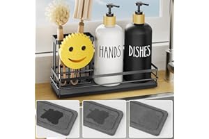 Moforoco Kitchen Dish Soap Dispenser Set, 16OZ Glass Bottle, Hand and Dish Soap Dispenser Set, Instant Dry Tray, Non-Slip Silicone Pad, Brush Holder with Smiley Face Sponge Holder, Kitchen Decor
