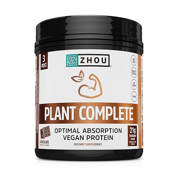 ZHOU PLANT COMPLETE VEGAN PROTEIN POWDER – PLANT BASED PROTEIN POWDER FOR WOMEN & MEN, NON DAIRY RICE & PEA BLEND FOR SMOOTHIES & SHAKES, 21G PROTEIN PER SERVING – CHOCOLATE, 17.7OZ (16 SERVINGS)