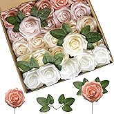Lansdowns Artificial Flower Foam Rose 25pcs Real Looking Fake Rose with Stems Leaves for Home Decoration Party Garden Centerpieces DIY Wedding Bouquets（Shades of Pink Rose）