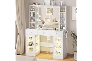 HUANLEGO White Vanity Desk with Mirror and Lights, Glass Top Vanity with Lighted Mirror & RGB Glass Cabinet and 3 Drawers, Makeup Vanity Desk with Lights Dressing Table for Bedroom, 3 Color Modes