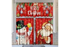 Breling 3 Pcs Christmas Kitchen Curtains Valances and Tiers Set for Windows Merry Christmas Snowman Santa Claus Decor Short Curtain Set for Bedroom Window Treatment Decor Party Favor Supplies