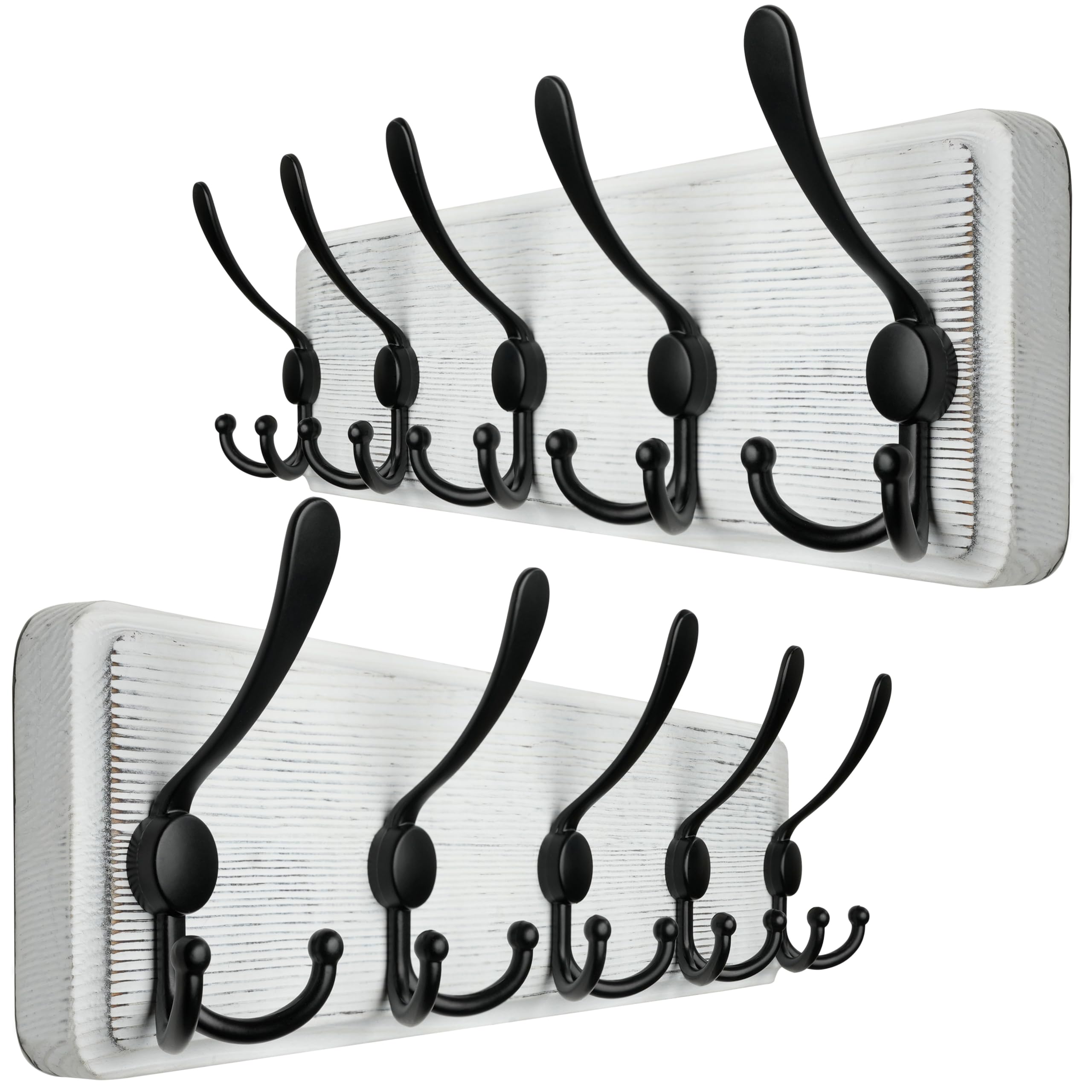 WEBI Coat Rack Wall Mounted,Wood Coat Hooks Wall Mount,16" Hole to Hole,Coat Hanger Wall,Hook Rack Rail,5 Triple Hooks for Hanging Clothes,Jacket,Hats,Black/White,2 Packs