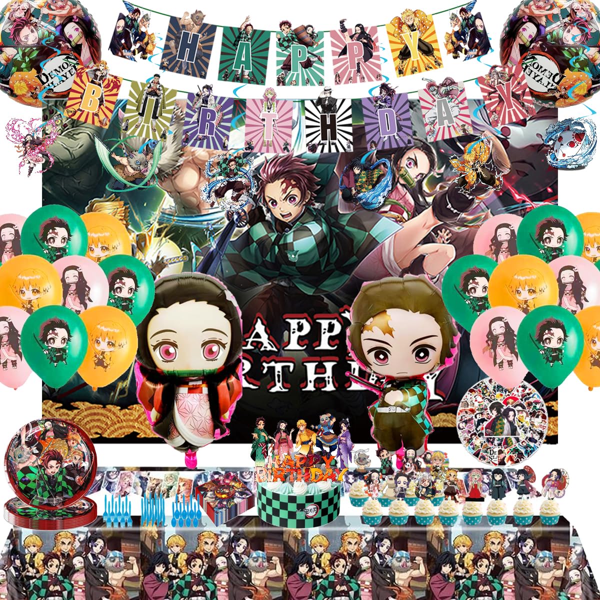 Photo 1 of demon birthday party decorations?Anime theme party supplies,Including banners, balloons, tablecloths, dinner plates, etc.