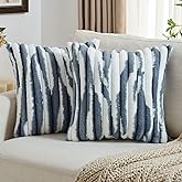 FUTEI Blue Decorative Throw Pillow Covers 18x18 Inch Set of 2, Soft Tie-Dye Faux Rabbit Fur Striped Texture Cushion Case, Modern Home Decor for Couch Bed Living Room