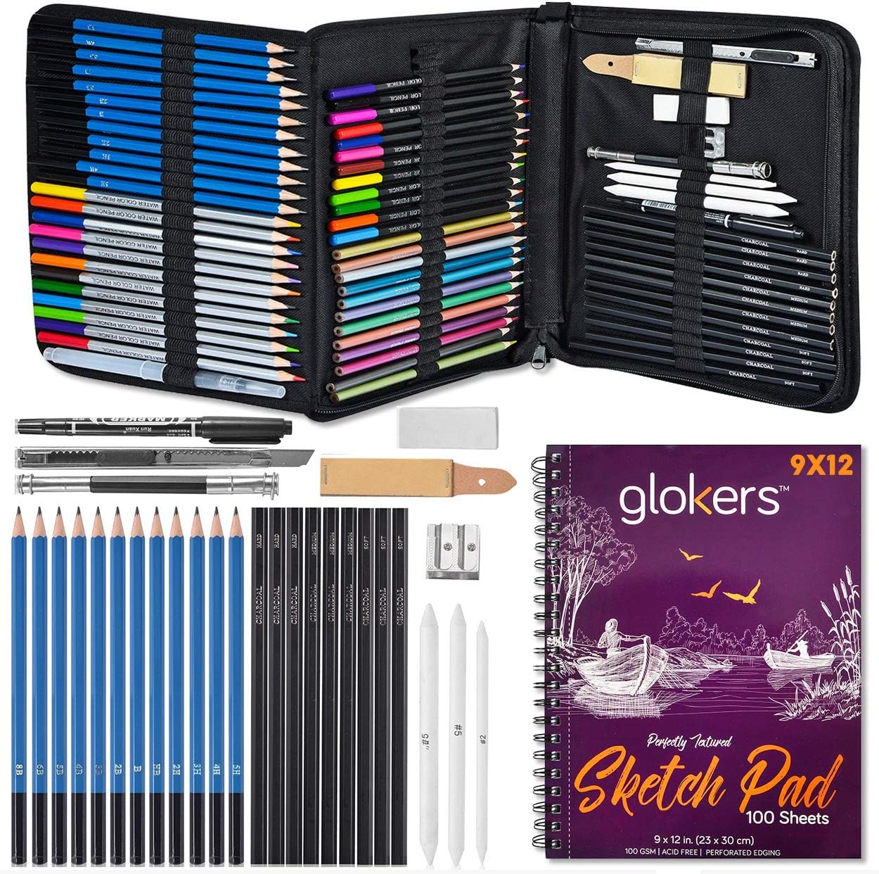 Glokers 72-Piece Arts Supplies and Drawing Kit Set - Complete Set of Art Pencils: Graphite, Colored, Metallic, Charcoal, Watercolor - Also Includes 9x12 Sketch Book, Stumps, Sharpener, Eraser & More