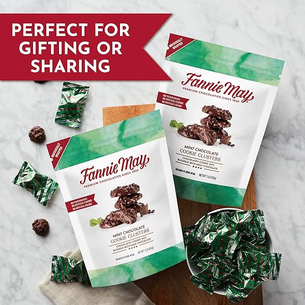 FANNIE MAY, MILK CHOCOLATE CANDY, MINT CHOCOLATE COOKIE CLUSTERS, TWO 16 OZ BAGS