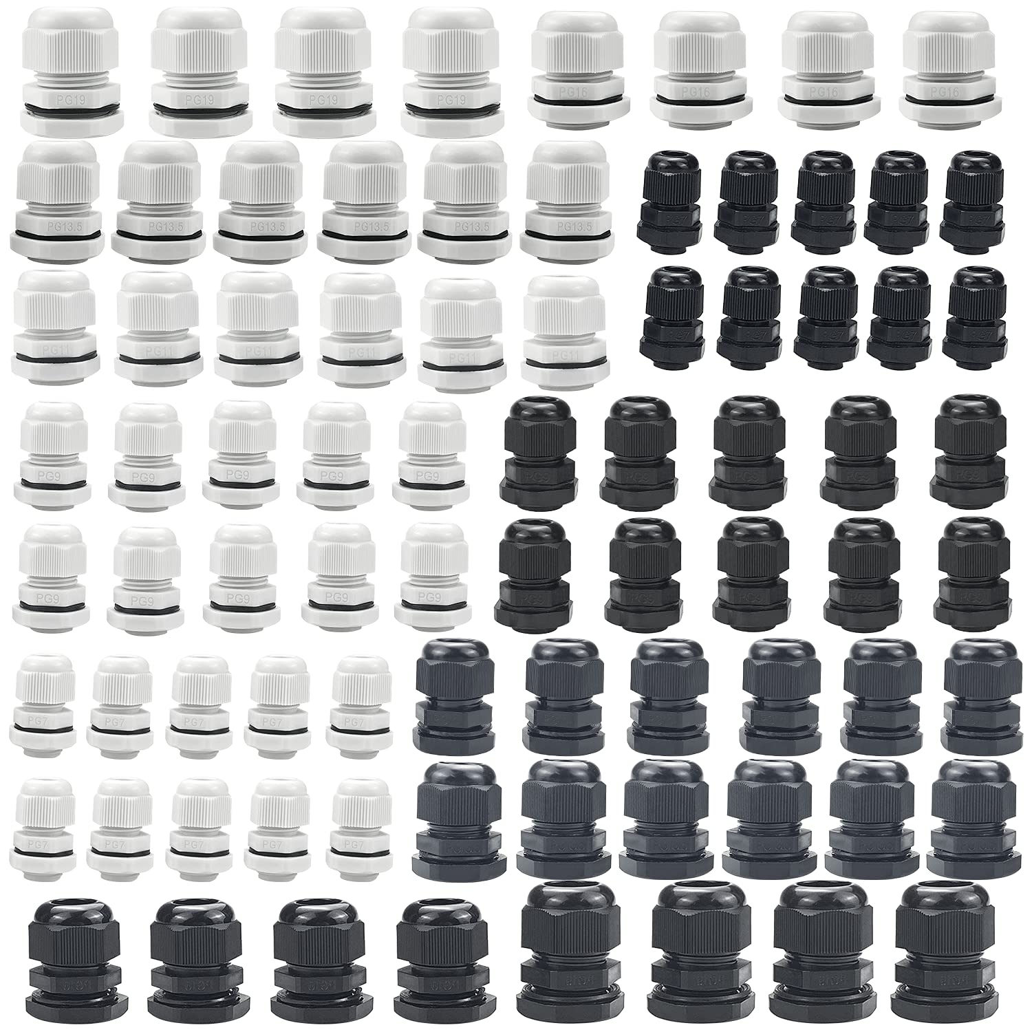 Jiehaojia 80Pcs Adjustable Locking Cable Glands, IP68 Waterproof, Nylon, Black & White, PG7/9/11/13.5/16/19