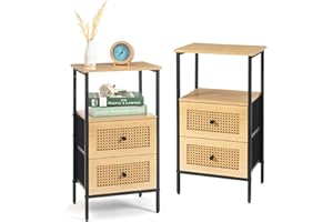 DOVAMY Nightstand Set of 2 with Drawers, Rattan Side Table for Small Spaces, End Table with Storage for Bedroom, Living Room, 27.5'' Bed Stand with Open Shelf, Beige BN03B-2