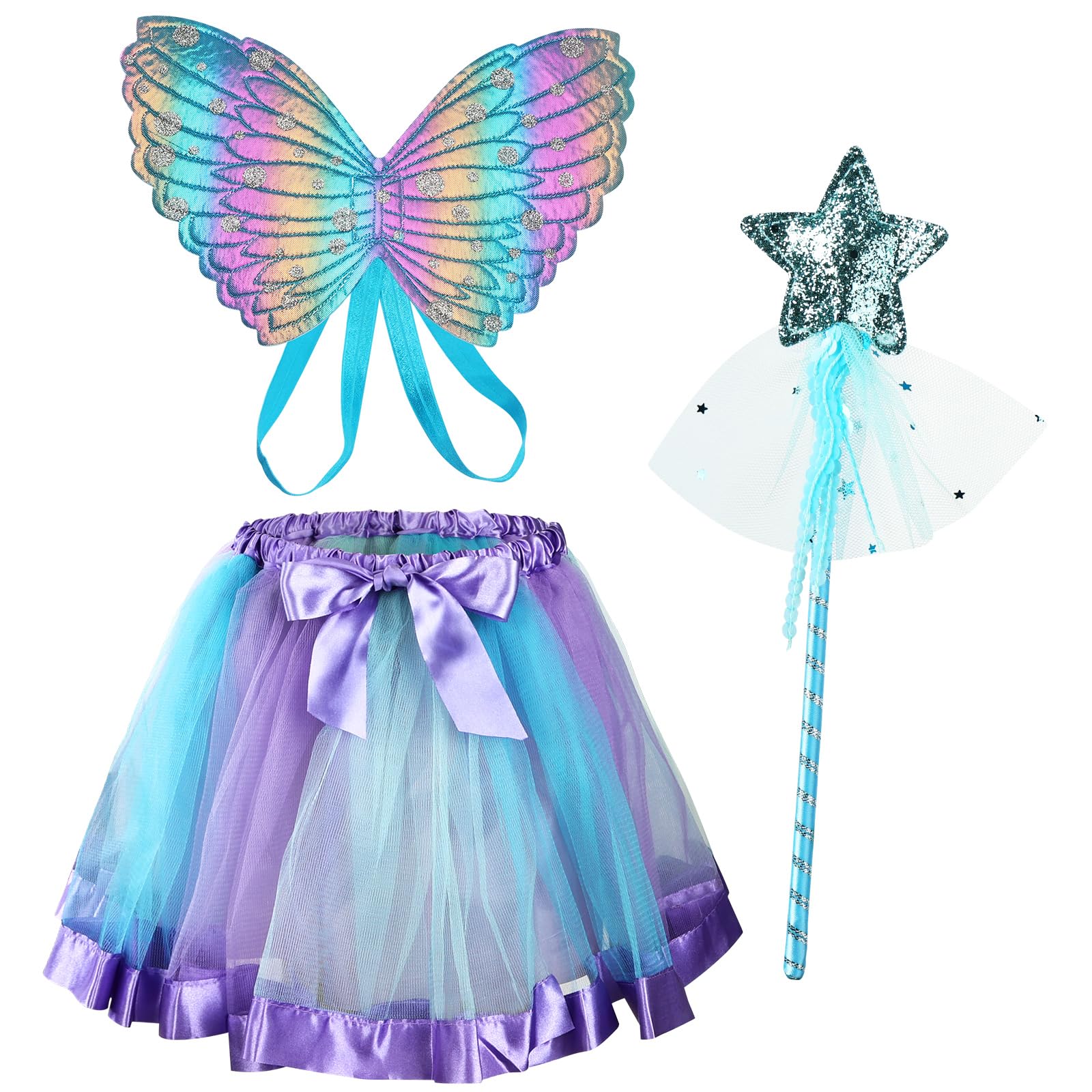 AUYAO 3Pcs Kids Butterfly Wings Costume Set, Fancy Dress Up Butterfly Wings Cape Kids, Princess Fairy Costume Fairy Butterfly Wings Set with Tutu Skirt, Girls Butterfly Dress up for Halloween(Blue)