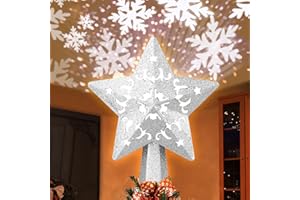 ST-CARE Christmas Tree Topper Projector, LED Star Tree Topper Lighted, Glitter Sliver Star Topper Projector with Rotating Snowflake Christmas Projection for Indoor Christmas Tree Decor, Xmas Decoration