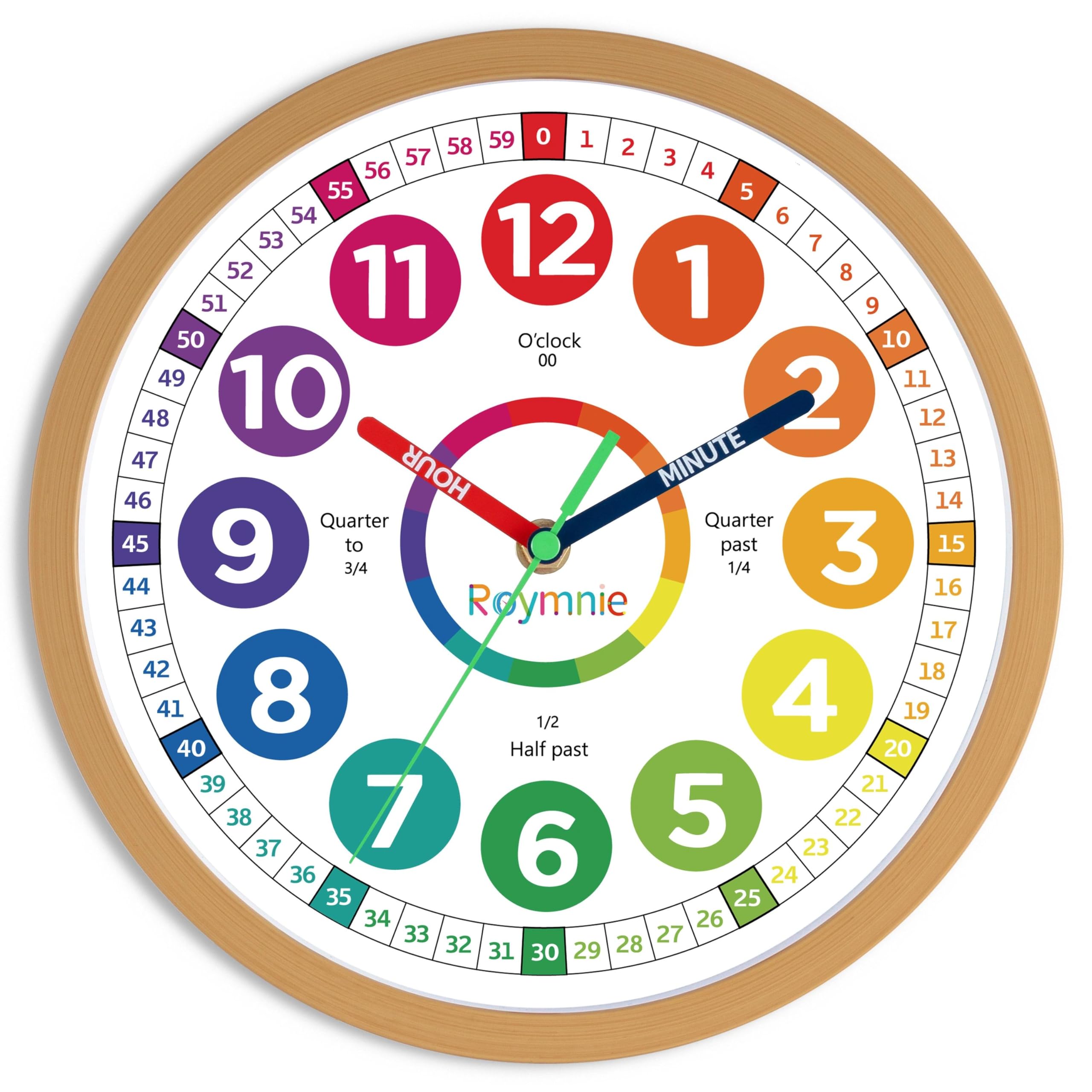 Roymnie Wall Clock 10 Inch for Kids Learning Easily Kids Teaching Clock Analog Silent Non Ticking Battery Operated Colorful Teaching Time Clock Decorative for Kids Room Kitchen School