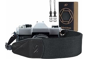 Padwa Lifestyle Black Camera Strap - 2" Wide Cotton Woven Genuine Leather Head Camera Straps,Complimentary 2 Pcs Quick Release Clips for All DSLR/SLR Cameras, Binoculars and Drone Remote Control