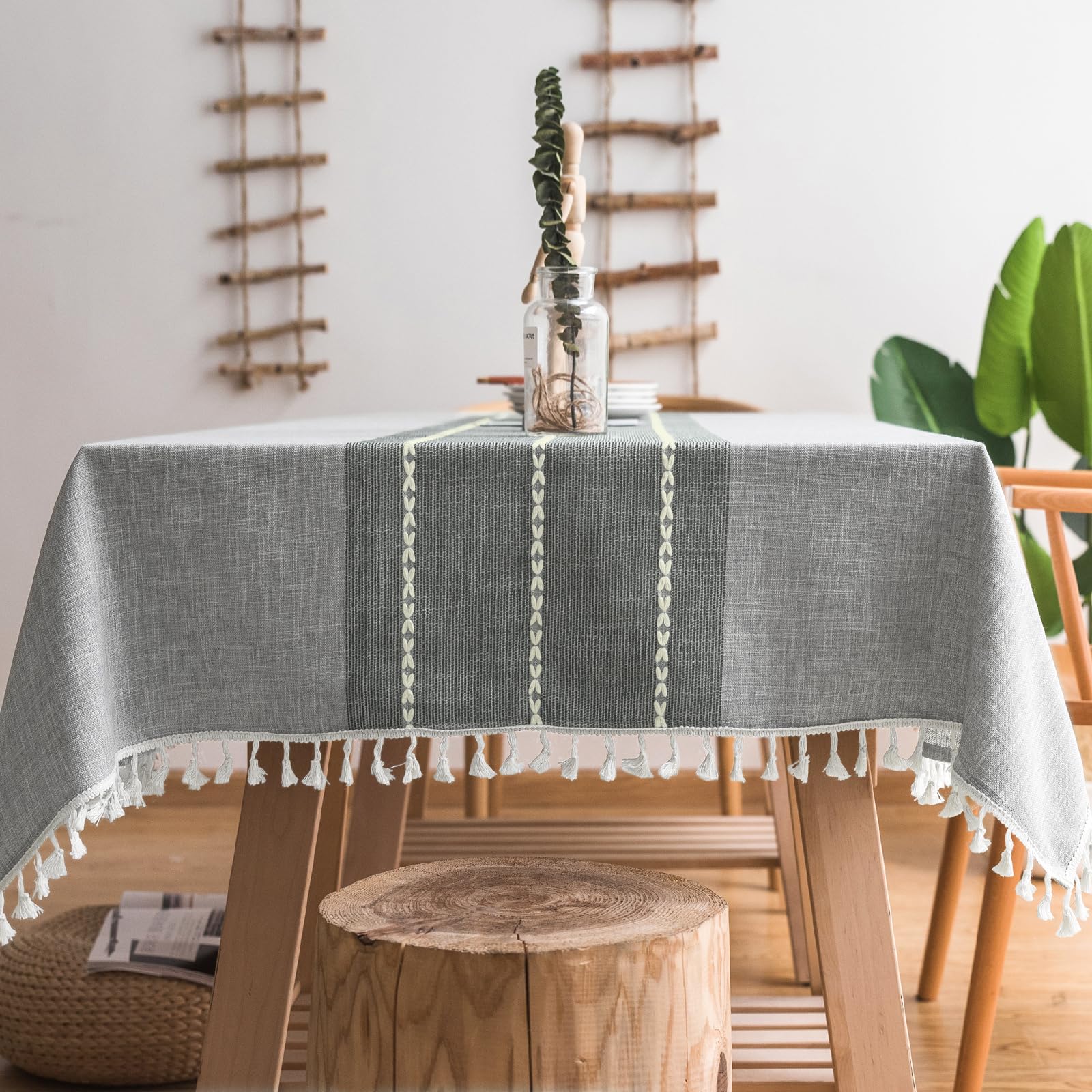 MOKANI Middle Embroidery Table Cloth Washable Cotton Linen Tassel Tablecloth, Rectangle Wrinkle Free Anti-Fading Table Cover for Kitchen Dinning Thanksgiving Christmas (55 x 102 Inch, Gray)