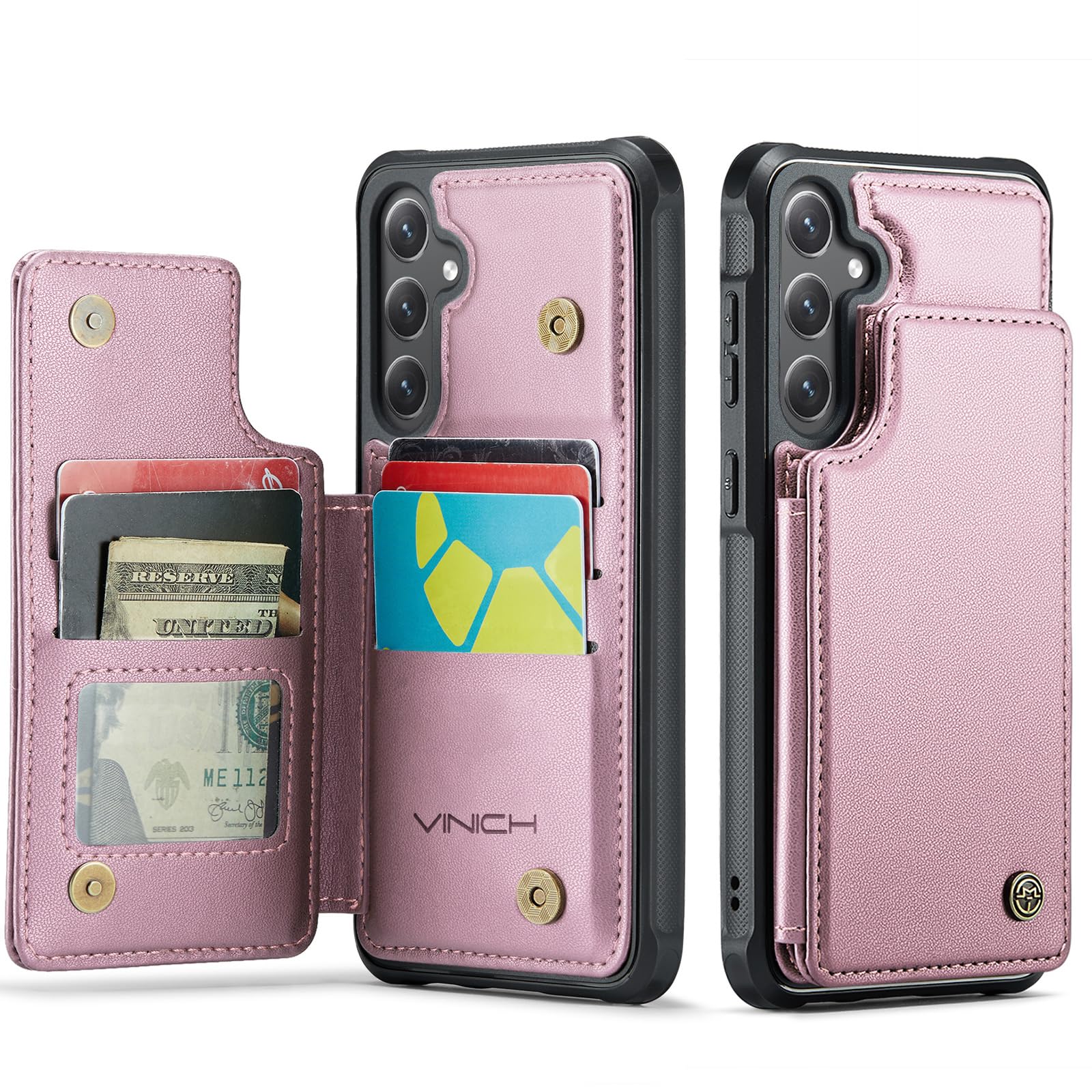 Photo 1 of Vinich for Samsung Galaxy S24 FE Wallet Case with Card Holder, RFID Blocking Credit Slots Kickstand Shockproof Phone Cover for Women Men, Pink