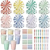 Meanplan 288 Pcs Pastel Striped Party Supplies Include 9 Inch Stripe Paper Plate Cups Paper Napkins Colorful Disposable Tableware Striped Pastel Rainbow Dinnerware Set for Baby Shower Birthday Wedding