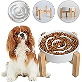 Elevated Slow Feeder Dog Bowl - Ceramic Maze Food Dish with Bamboo Stand - Raised Feeding Bowl for Fast Eaters - Ideal for Small and Medium Dogs - White - 6.7 inch
