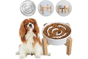PTOBER Elevated Slow Feeder Dog Bowl - Ceramic Maze Food Dish with Bamboo Stand - Raised Feeding Bowl for Fast Eaters - Ideal for Small and Medium Dogs - White - 6.7 inch