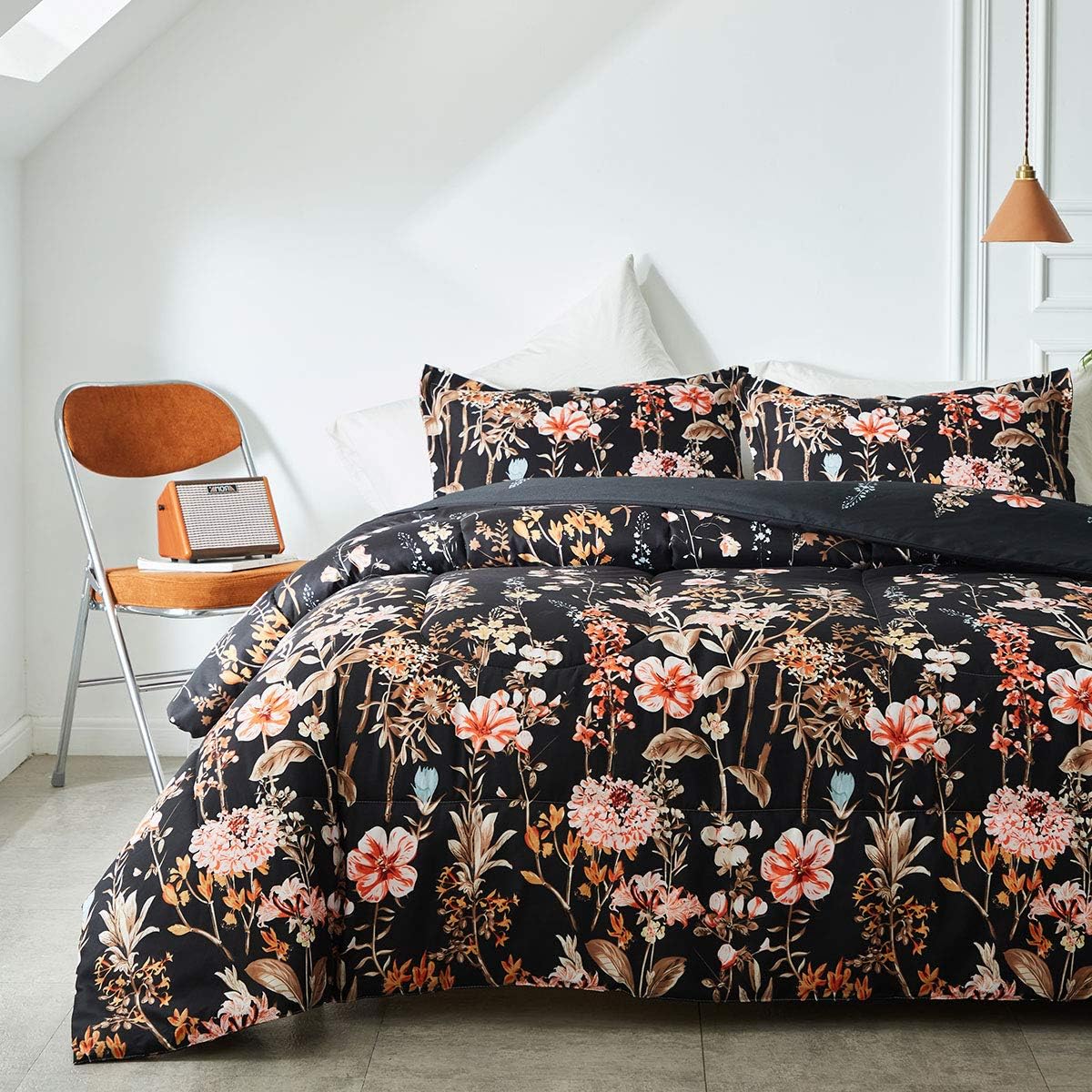Joyreap 3pcs Floral Comforter Set, Soft Microfiber Comforter for All Season, Elegant White Flower Printed on Blue Reversible Design (King, 102x90 inches): Home & Kitchen