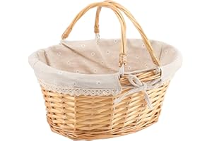 ZEONHEI Oval Wicker Woven Basket, Attractive Willow Woven Gift Basket, Cheap Fruit Picnic Easter Candy Wedding Party Decoration Serving Basket with Folding Handles and Linen Cloth Lining, Natural