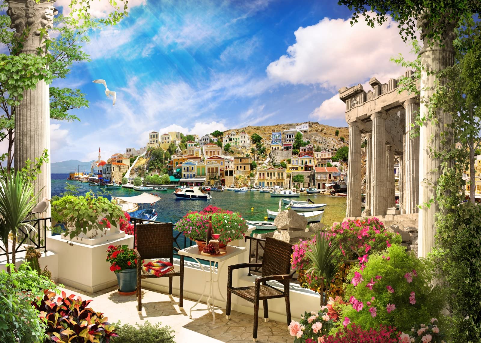 BELECO 2.1x1.5m Fabric Italy Photography Backdrop Tuscany Garden Terrace View of Mediterranean Bay Costal City Scenery Spring Flowers Roman Columns Italian Background Couples Adults Italy Photo