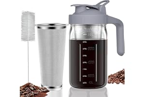 Cold Brew Coffee Maker Pitcher, 32 oz Thick Glass Mason Jar Spout Lid with Handle & Stainless Steel Filter for Iced Brew Coff