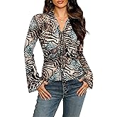 Clarisbelle Summer Women's Bell Sleeve Leopard Mesh Sheer Shirt Y2K Tie Front V Neck Vintage Tops