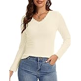 LUXEBOLD Womens Long Sleeve Lace T-Shirts V Neck Layering Basic Shirts Tops Slim Fit Stretch Undershirts Tee 2025