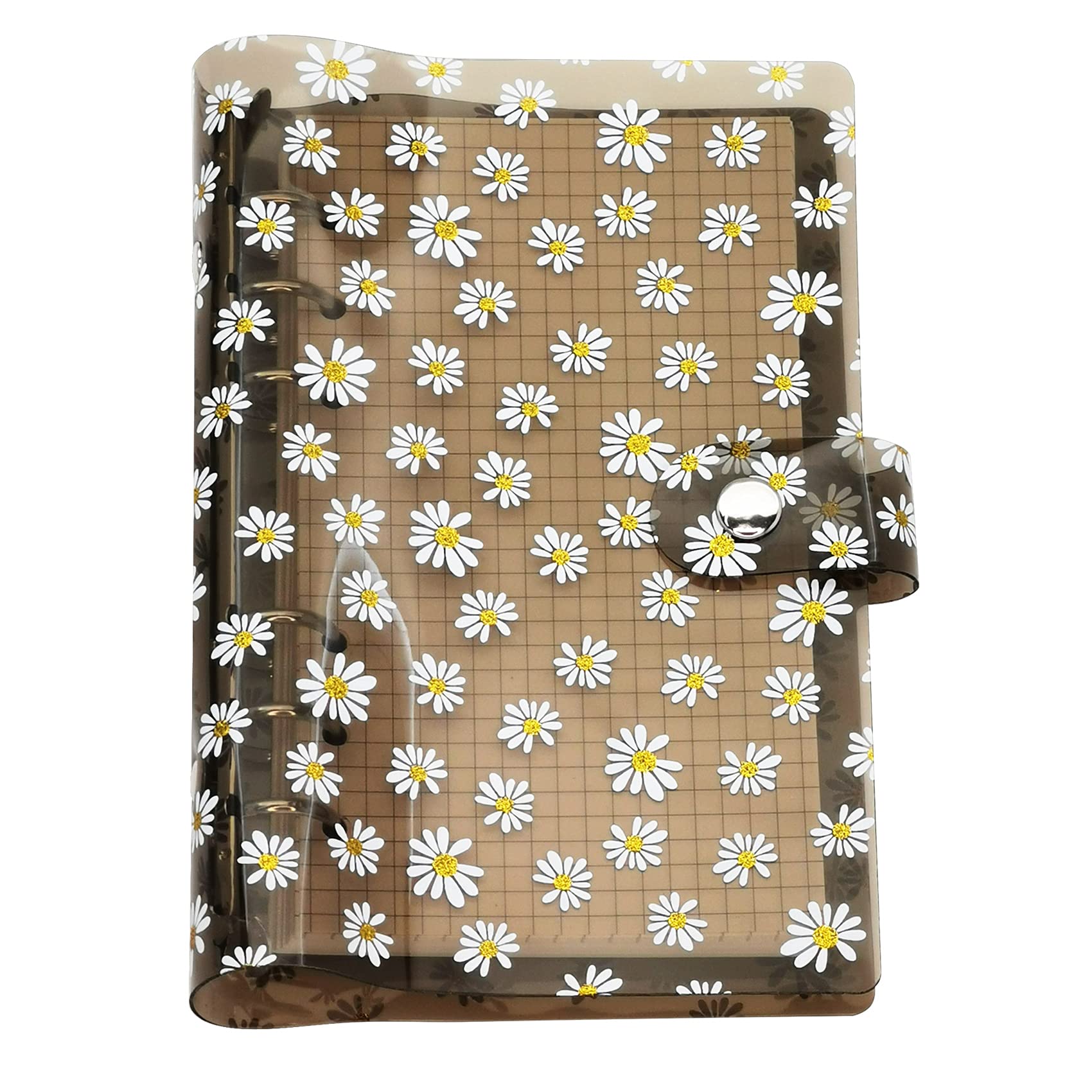 A6 A5 6-Holes Colorful PVC Cover Round Ring View Binder with Snap Button Closure File Folder (Black Daisy, A6 mini Set)