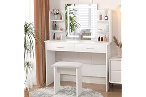 SMOOL Vanity Desk with Lighted Mirror - Makeup Vanity Table with 3 Color Light Options Adjustable Brightness, Vanity with 6 Storage Shelves, 2 Large Drawers, Vanity Set for Girls Women, White