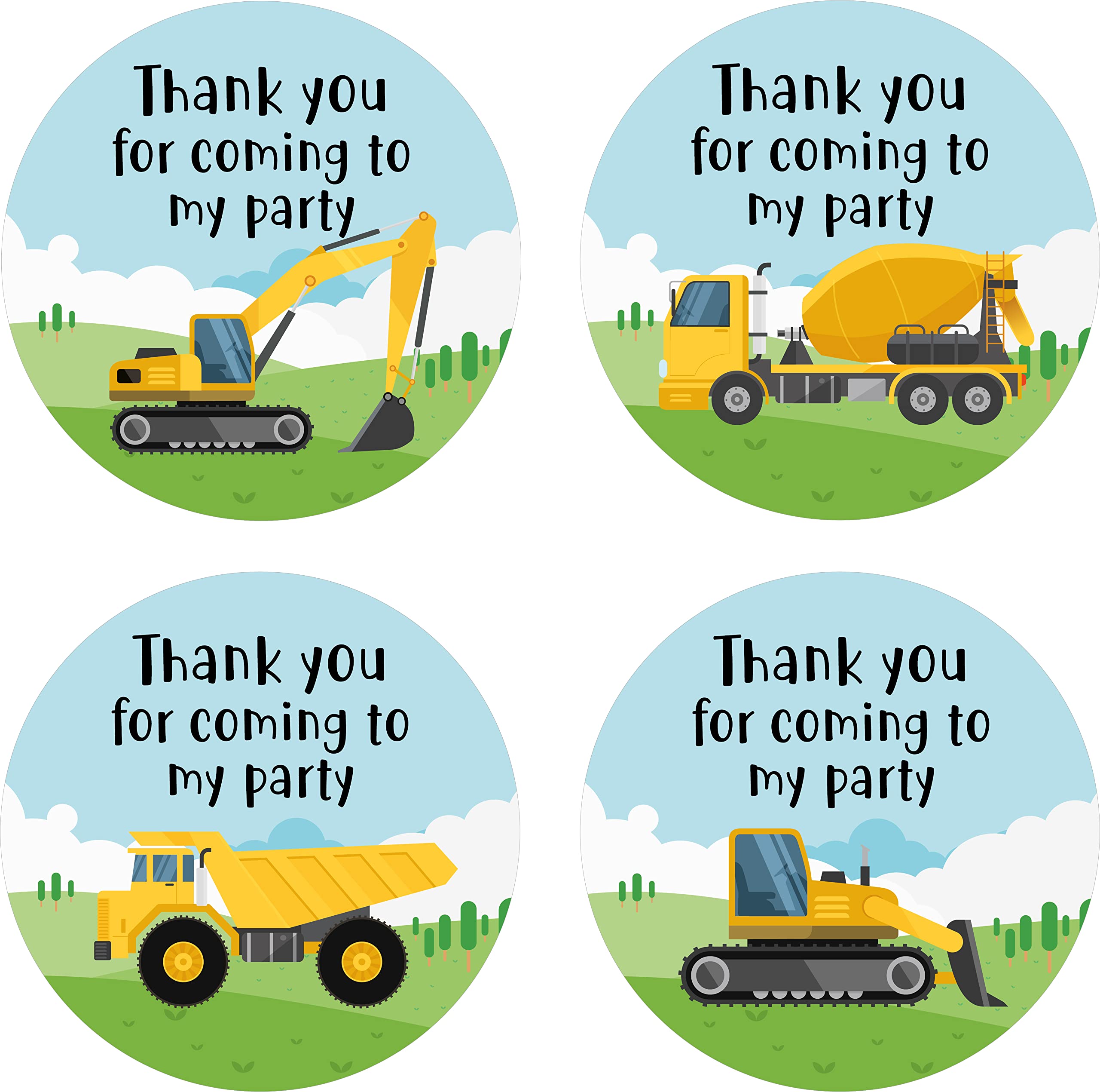 40mm Construction Vehicles Thank You for Coming to My Party Round Stickers for Party Bags & Sweet Cones (48 x Stickers)