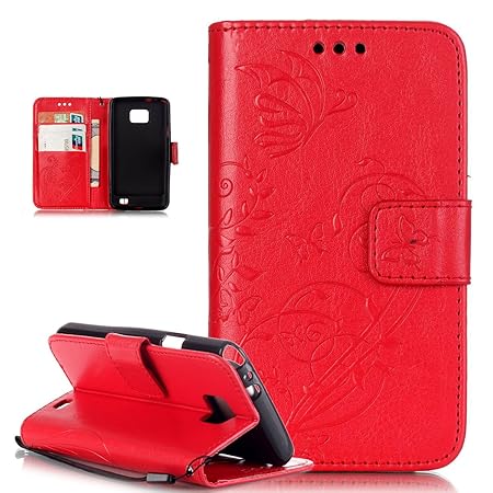 Kompatibel mit Galaxy S2 Hülle,Galaxy S2 Plus Hülle,Prägung Blumen Reben Schmetterling PU Lederhülle Handyhülle Handy Tasche 