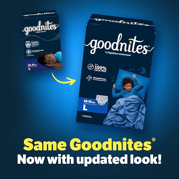GOODNITES BOYS’ NIGHTTIME BEDWETTING UNDERWEAR, SIZE LARGE (68-95 LBS), 34 CT (2 PACKS OF 17), PACKAGING MAY VARY