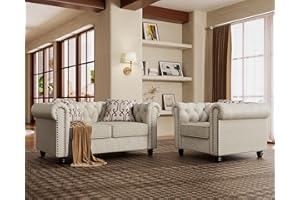 Morden Fort 2 Piece Classic Chesterfield 3-Seater Set, Tufted Chair & Loveseat Furniture Solid Wood Legs Thick Cushion, Pet-Friendly Couch Set for Living Room Bedroom Apartment, Linen Beige