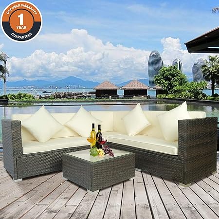 Beige Cushions Merax 5 Pieces Patio Dining Sets Outdoor Rattan Dining Furniture Sets With 4 Wicker Chairs And Glass Table Dining Sets
