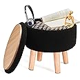 Poofzy Ottoman with Storage, Storage Ottoman, Small Foot Stool Ottoman with Wood Legs, Teddy Velvet Foot Rest for Couch, Living Room and Bedroom - Black